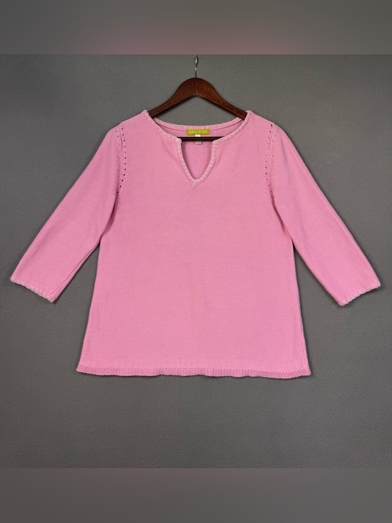 Sigrid Olsen Tops - Sigrid Olsen Pink 3/4 Sleeve V-Neck Knit Top, Hem and Neckline Detail, Medium